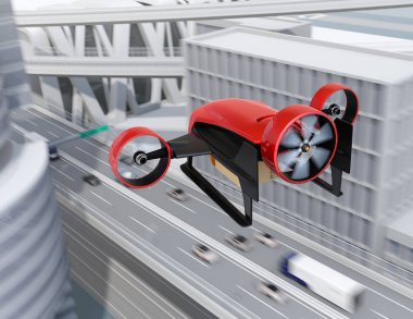 Gökyüzünde uçan teslim paketleri taşıyan kırmızı Vtol dronun arkadan görünüş. Hızlı teslimat hizmeti için kavram. 3D render resim.