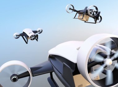 Arka bakış beyaz Vtol gökyüzünde uçan taşıma teslim paketleri drones. 3D render resim.