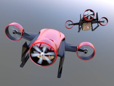Arkadan Görünüş kırmızı Vtol, gökte uçan taşıma teslim paketleri drones. 3D render resim.