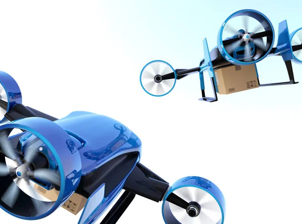 Rear View Blue Vtol Drones Carrying Delivery Packages Flying Sky — Stock Photo, Image