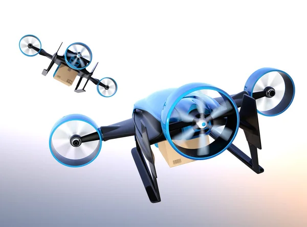 Rear View Blue Vtol Drones Carrying Delivery Packages Flying Sky — Stock Photo, Image