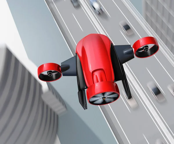 Bovenaanzicht Van Rode Vtol Drone Vervoeren Levering Pakketten Vliegen Brug — Stockfoto