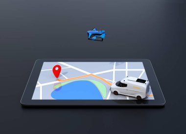 Yan görünümü dijital tablet bilgisayarda van ve teslimat uçağı. Siyah arka plan. Son bir mil dijital çözüm kavramı.