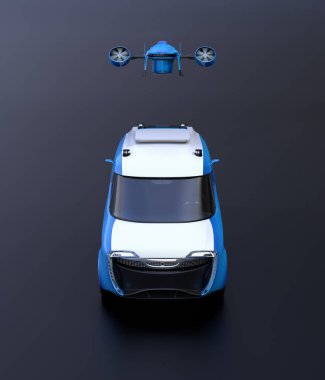 Teslimat uçağı kalkış iki tonlu elektrik güç teslim van dan önden görünümü siyah arka plan üzerine. 3D render resim.