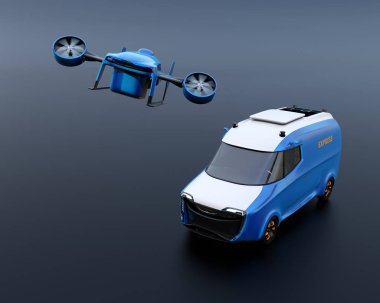 Teslimat uçağı kalkış iki tonlu elektrik güç teslim van siyah arka plan üzerine gelen. 3D render resim.