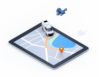 Dijital tablet bilgisayarda izometrik görünümü van ve teslimat uçağı. Beyaz arka plan. Son bir mil dijital çözüm kavramı.