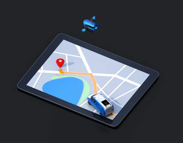 数字平板电脑上的交付无人机和面包车的等距视图 黑色背景 最后一英里数字解决方案概念 — 图库照片