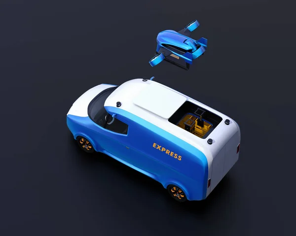 Delivery drone takeoff from two-tone electric powered delivery van on black background. 3D rendering image.