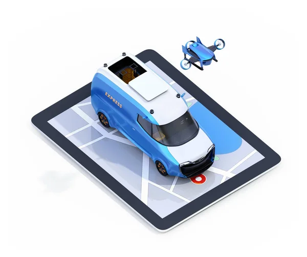 Isometric View Delivery Drone Van Digital Tablet Computer White Background — Stock Photo, Image