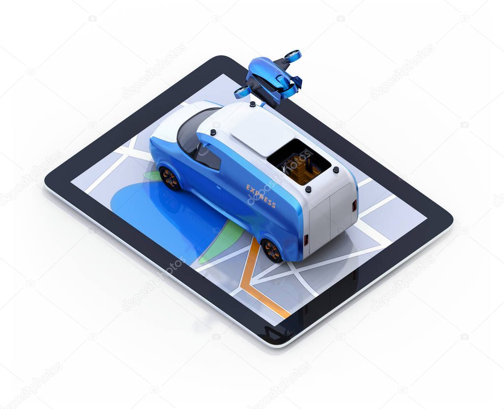 Isometric view of delivery drone and van on digital tablet computer. White background. Last one mile digital solution concept.