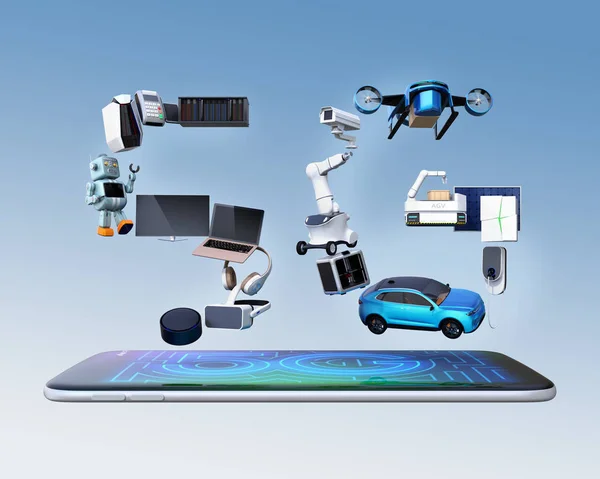 Inteligentne Urządzenia Drone Autonomicznych Pojazd Robot Ułożone Tekst Smartfonie Koncepcja — Zdjęcie stockowe
