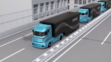 Özerk elektrik kamyon ve Vtol uçağı karayolu üzerinde platooning. Hızlı teslimat hizmeti için kavram. 3D render animasyon.