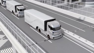 Özerk elektrik kamyon ve Vtol uçağı karayolu üzerinde platooning. Hızlı teslimat hizmeti için kavram. 3D render animasyon.