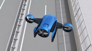 Mavi Vtol uçak sinek otoyol boyunca teslim paketler. Hızlı teslimat hizmeti için kavram. 3D render animasyon.
