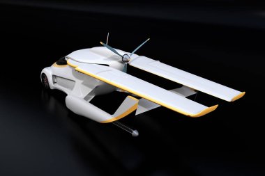 Dikiz fütüristik özerk araba siyah arka plan üzerine. Kanatları kompakt boyutu arka tarafa döndü. Uçan araba konsepti. 3D render resim.