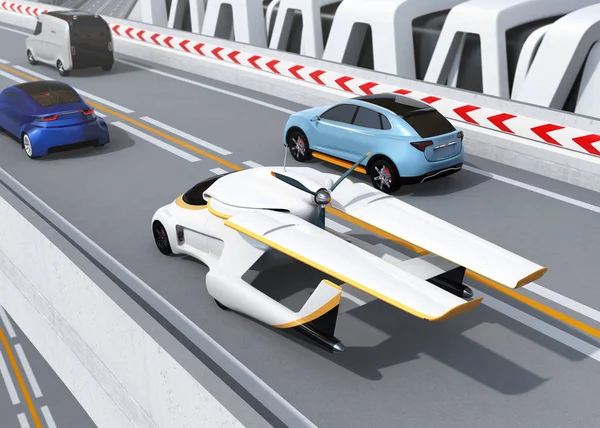 Futuristische Vliegende Auto Rijden Snelweg Rendering Beeld — Stockfoto