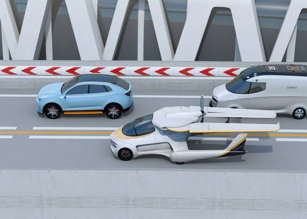 未来の空飛ぶ車 高速道路走行の側面図です のレンダリング画像 — ストック写真