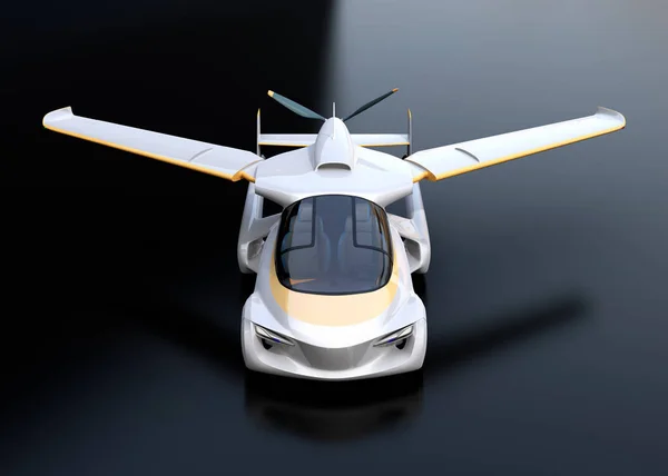 Front view of futuristic autonomous car on black background. Flying car concept. 3D rendering image.