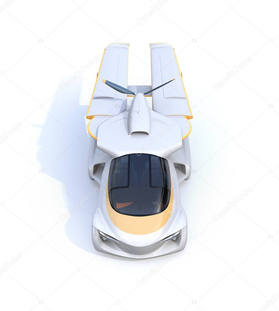 Front view of futuristic autonomous car isolated on white background. The wings turned to rear side in compact size. Flying car concept. 3D rendering image.