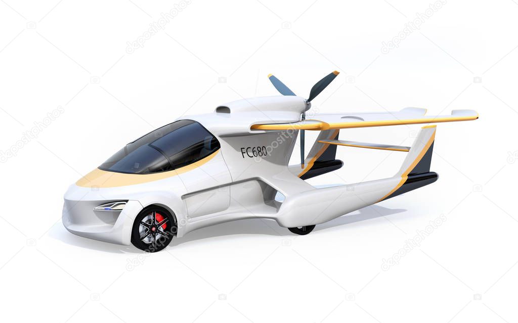 Futuristic autonomous car isolated on white background. The wings turned to rear side in compact size. Flying car concept. 3D rendering image.