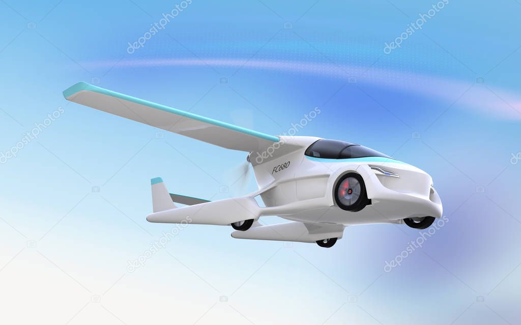Futuristic autonomous car flying in the sky. Original design. 3D rendering image.