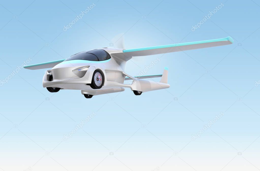 Futuristic autonomous car flying in the sky. Original design. 3D rendering image.