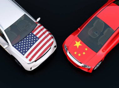 Bize ve iki otomobil hood Çin bayrakları. siyah arka plan. Çin ABD Ticaret savaş, Amerikan tarifeler kavramı. 3D render resim.