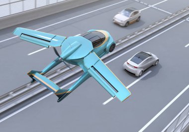 Karayolu üzerinde uçan fütüristik uçan araba. Hızlı ulaşım trafik sıkışması kavramı olmadan. 3D render resim.