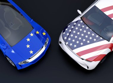 AB ve ABD bayrakları iki otomobil kaputa. siyah arka plan. Avrupa ABD Ticaret savaş, Amerikan tarifeler kavramı. 3D render resim.