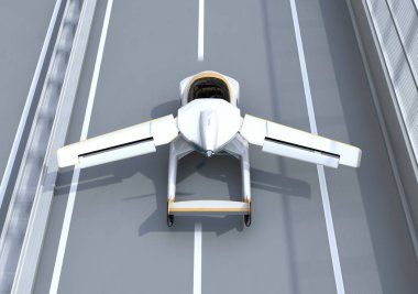 Fütüristik uçan araba arka görünümü karayolu alır. Hızlı ulaşım trafik sıkışması kavramı olmadan. 3D render resim.