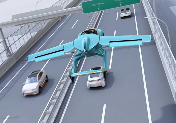 Futuristiska Flygande Bil Flyger Över Motorvägen Snabb Transport Utan Koncept — Stockfoto
