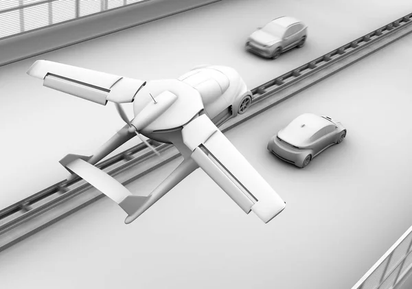 Lera Skuggning Rendering Futuristiska Flygande Bil Flyger Över Trafikstockning Motorväg — Stockfoto