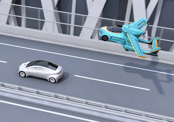 Futuristic flying car flying over a silver sedan driving on highway. Fast transportation without traffic jam concept. 3D rendering image.