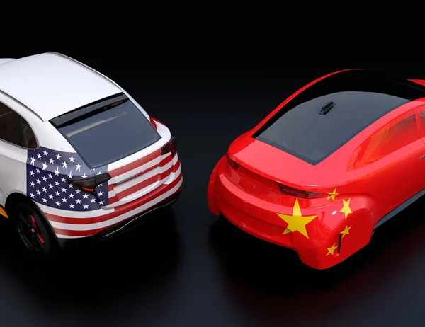 Two cars with China and US flags on rear side. black background. China USA trade war, American tariffs concept. 3D rendering image.