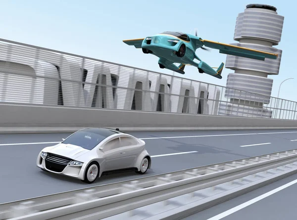 Futuristic flying car flying over a silver sedan driving on highway. Fast transportation without traffic jam concept. 3D rendering image.