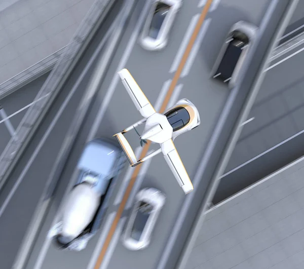 Вид Сверху Футуристический Летающий Автомобиль Пролетающий Над Пробками Шоссе Быстрый — стоковое фото