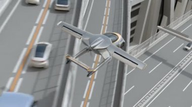 Karayolu üzerinde açılış fütüristik uçan araba. Uçak şekilden araba için dönüşümü. Hızlı ulaşım kavramı. 3D render animasyon.