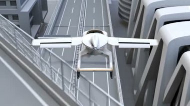 Karayolu üzerinde açılış fütüristik uçan araba. Uçak şekilden araba için dönüşümü. Hızlı ulaşım kavramı. 3D render animasyon.