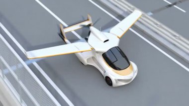 Fütüristik uçan araba karayolu kapalı alır. Hızlı ulaşım trafik sıkışması kavramı olmadan. 3D render animasyon.