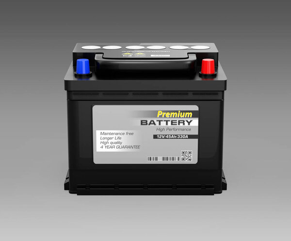 Фронтальный вид не требующего техобслуживания автомобильного аккумулятора изолирован на заднем плане. 3D рендеринг изображений
.