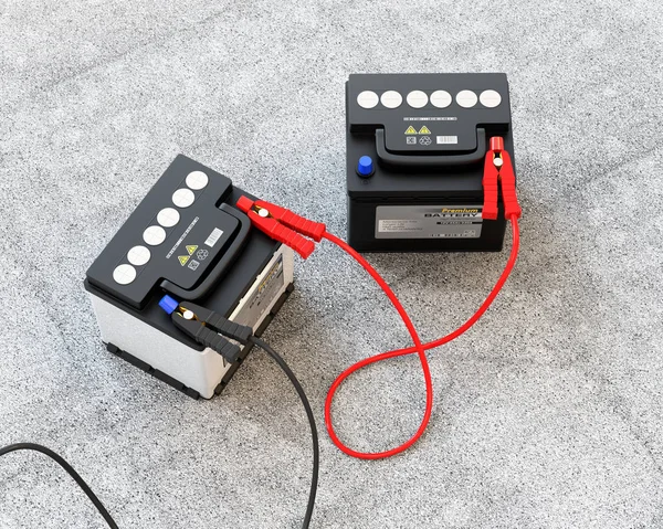 Generic maintenance-free car batteries connected by jumper cable on concrete ground. 3D rendering image.