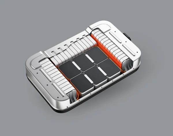 灰色の背景に電気自動車バッテリー パックの等尺性断面図ビュー のレンダリング画像 — ストック写真