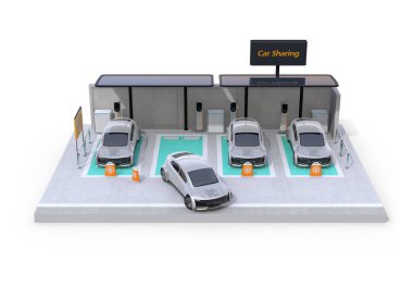 Önden görünüm otoparkın araç iş paylaşımı için. Beyaz arka plan. 3D render resim.