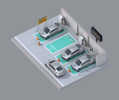 İzometrik görünümü otoparkın araç iş paylaşımı için. Gri arka plan. 3D render resim.