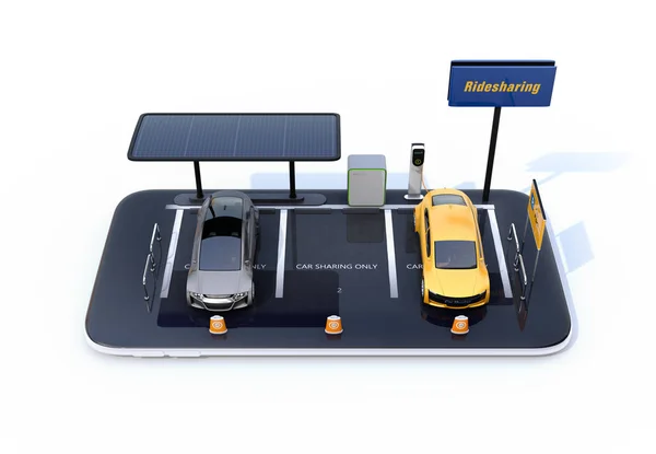 充電ステーション 太陽電池パネルとカーシェア リング 電気自動車は スマート フォンの看板します 白い背景 車共有概念 のレンダリング画像 — ストック写真