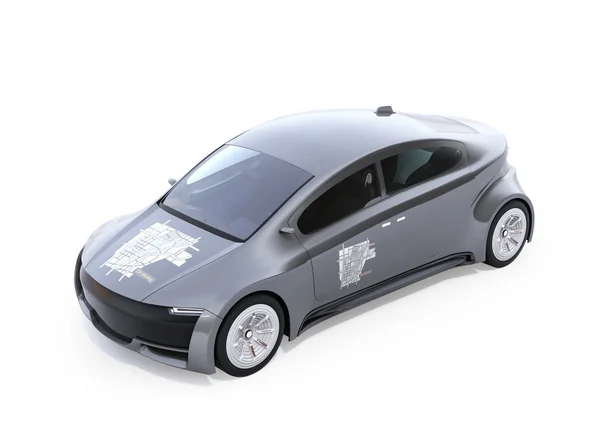 Metaliczny Szary Samochód Elektryczny Białym Tle Wzór Graficzny Kaptur Drzwi — Zdjęcie stockowe