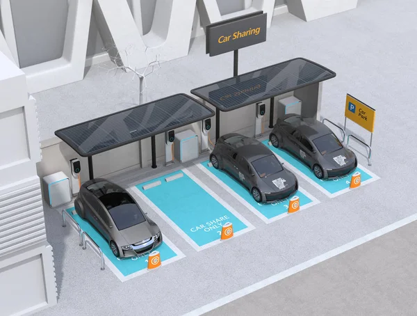 자동차 스테이션과 배터리 패널을 주차장을 렌더링 이미지 — 스톡 사진