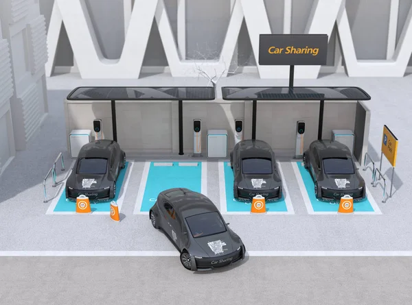 Vooraanzicht Van Auto Delen Parkeerplaats Voorzien Van Zonnepanelen Stations Batterijen — Stockfoto