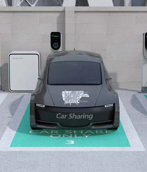 Vooraanzicht Van Metallic Grijze Elektrische Auto Parkeerplaats Auto Delen Concept — Stockfoto