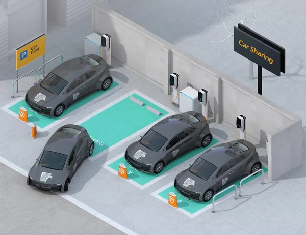 カーシェア リング駐車場充電ステーション バッテリー搭載の等角図で のレンダリング画像 — ストック写真